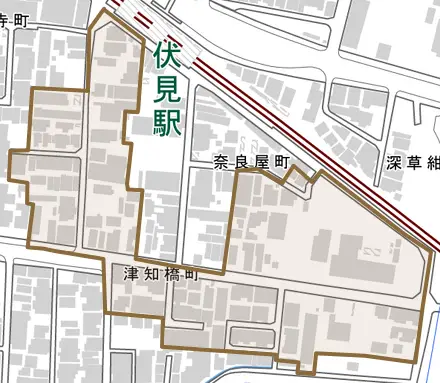 津知橋町とその周辺の地図。町の範囲を重ねている