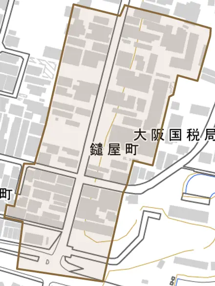 鑓屋町とその周辺の地図。町の範囲を重ねている