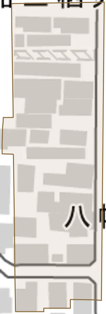 八幡町とその周辺の地図。町の範囲を重ねている