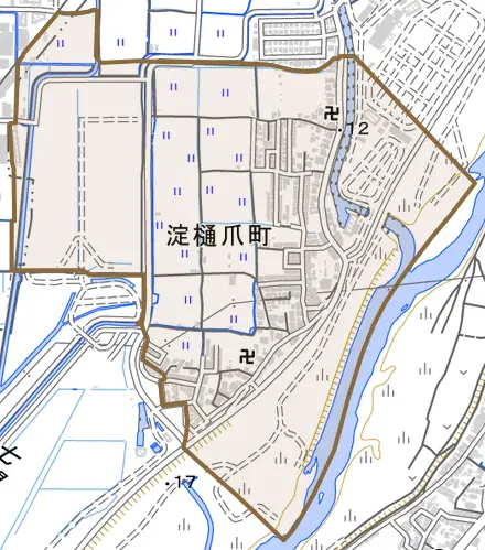 淀樋爪町とその周辺の地図。町の範囲を重ねている