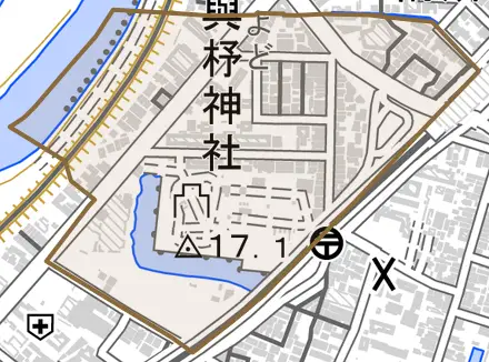 淀本町とその周辺の地図。町の範囲を重ねている