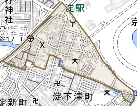 淀池上町とその周辺の地図。町の範囲を重ねている