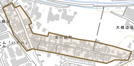 淀川顔町とその周辺の地図。町の範囲を重ねている