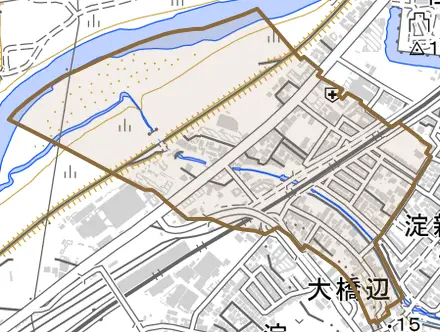 淀木津町とその周辺の地図。町の範囲を重ねている