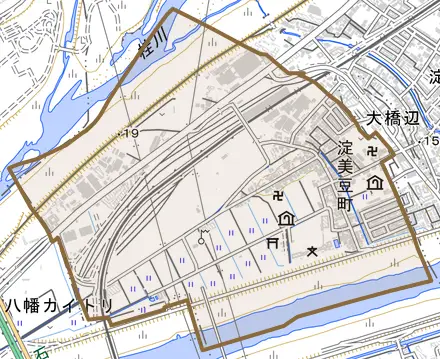 淀美豆町とその周辺の地図。町の範囲を重ねている