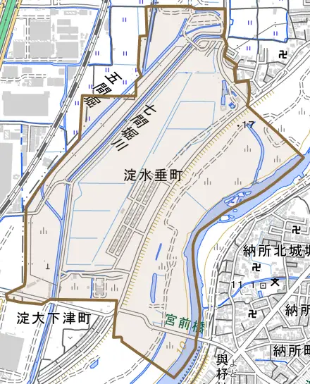 淀水垂町とその周辺の地図。町の範囲を重ねている