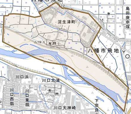 淀生津町とその周辺の地図。町の範囲を重ねている