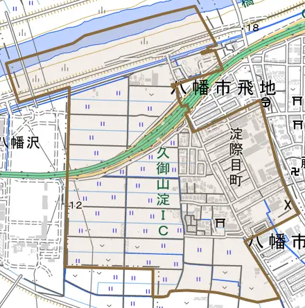 淀際目町とその周辺の地図。町の範囲を重ねている