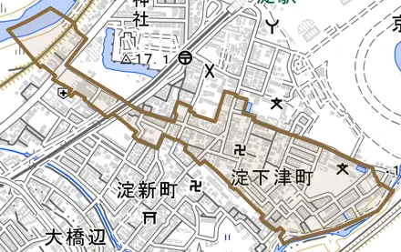 淀下津町とその周辺の地図。町の範囲を重ねている