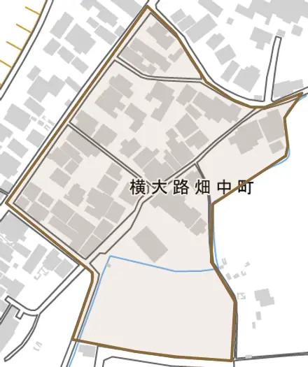 横大路畑中町とその周辺の地図。町の範囲を重ねている