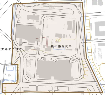横大路八反田とその周辺の地図。町の範囲を重ねている