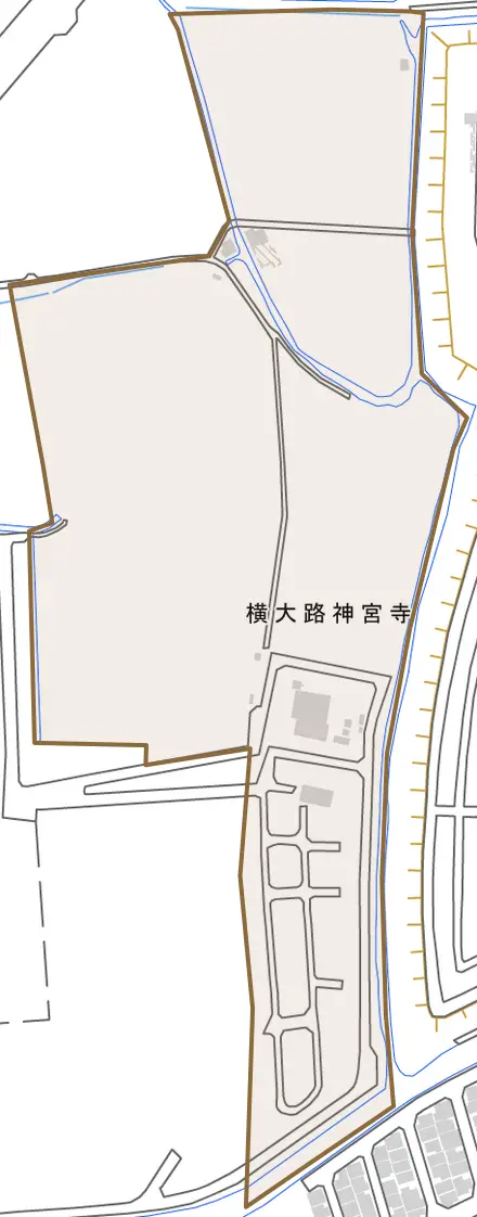 横大路神宮寺とその周辺の地図。町の範囲を重ねている