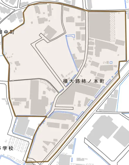 横大路柿ノ本町とその周辺の地図。町の範囲を重ねている