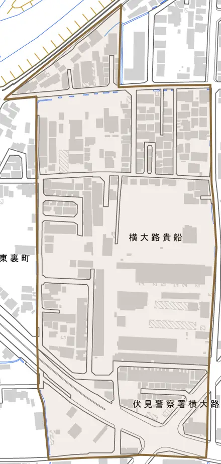 横大路貴船とその周辺の地図。町の範囲を重ねている