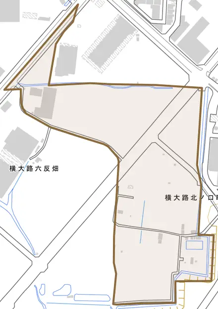 横大路北ノ口町とその周辺の地図。町の範囲を重ねている