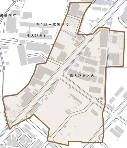 横大路畔ノ内とその周辺の地図。町の範囲を重ねている