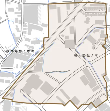横大路鍬ノ本とその周辺の地図。町の範囲を重ねている