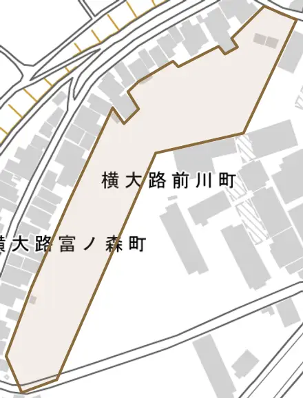 横大路前川町とその周辺の地図。町の範囲を重ねている