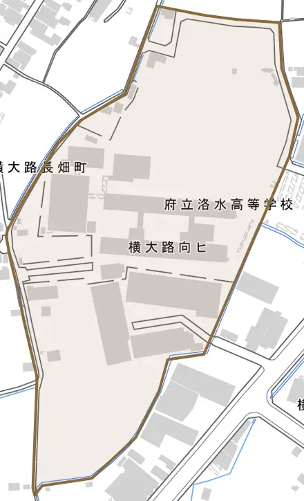 横大路向ヒとその周辺の地図。町の範囲を重ねている