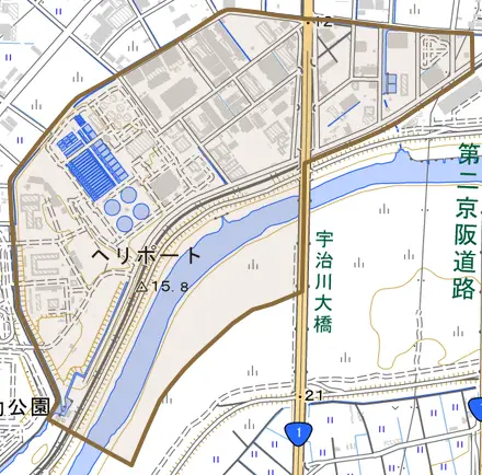 横大路千両松町とその周辺の地図。町の範囲を重ねている
