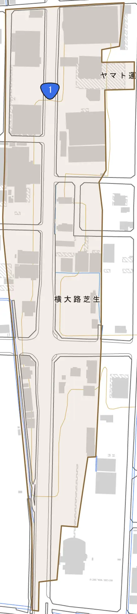 横大路芝生とその周辺の地図。町の範囲を重ねている