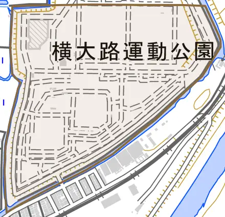 横大路下ノ坪とその周辺の地図。町の範囲を重ねている