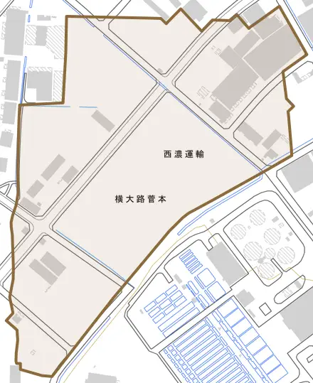 横大路菅本とその周辺の地図。町の範囲を重ねている