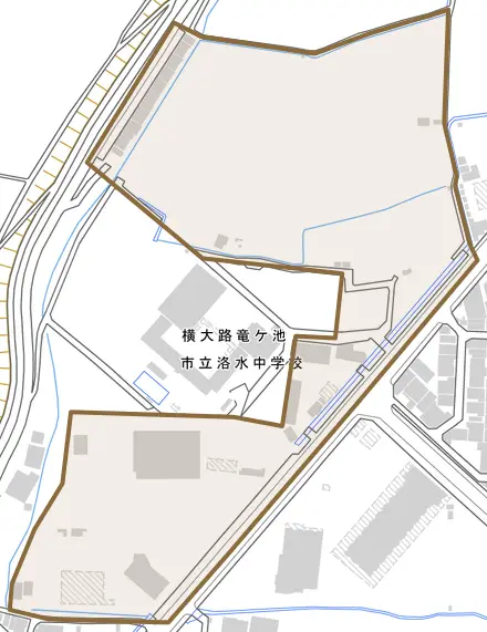 横大路竜ケ池とその周辺の地図。町の範囲を重ねている