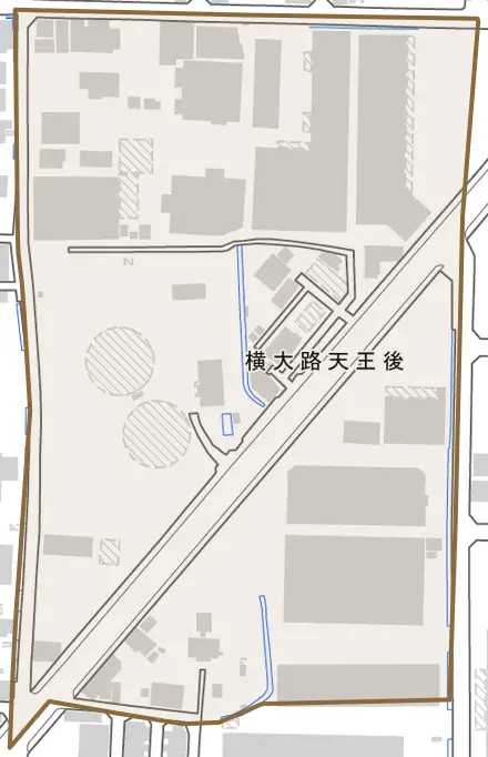 横大路天王後とその周辺の地図。町の範囲を重ねている