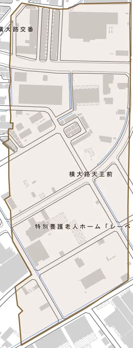 横大路天王前とその周辺の地図。町の範囲を重ねている