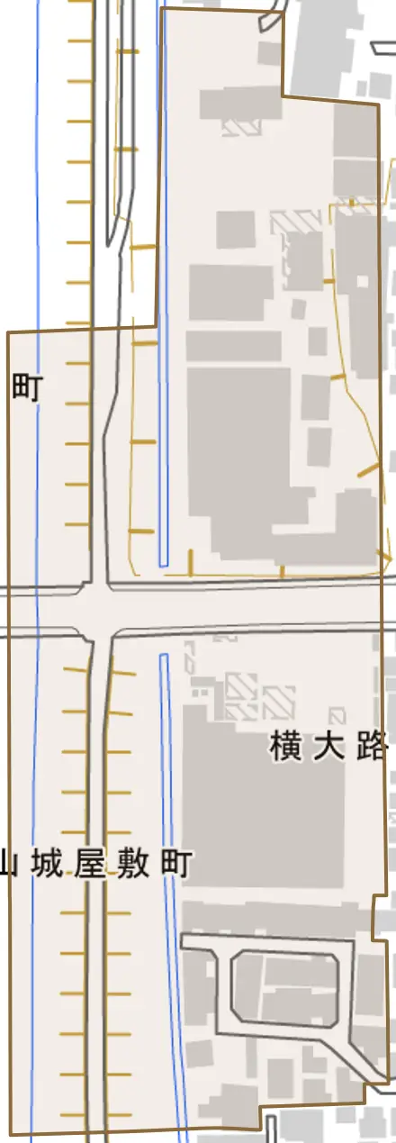 横大路三栖大黒町とその周辺の地図。町の範囲を重ねている