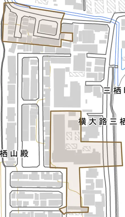 横大路三栖木下屋敷町とその周辺の地図。町の範囲を重ねている