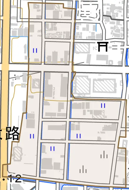 横大路下三栖宮ノ後とその周辺の地図。町の範囲を重ねている