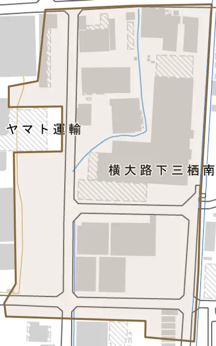 横大路下三栖南郷とその周辺の地図。町の範囲を重ねている
