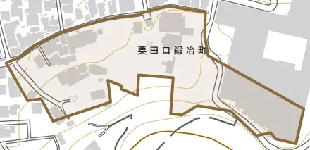 粟田口鍛冶町とその周辺の地図。町の範囲を重ねている