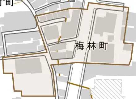梅林町とその周辺の地図。町の範囲を重ねている