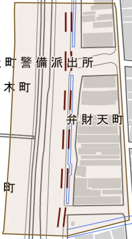 弁財天町とその周辺の地図。町の範囲を重ねている