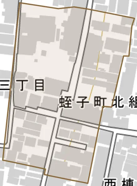 蛭子町北組とその周辺の地図。町の範囲を重ねている