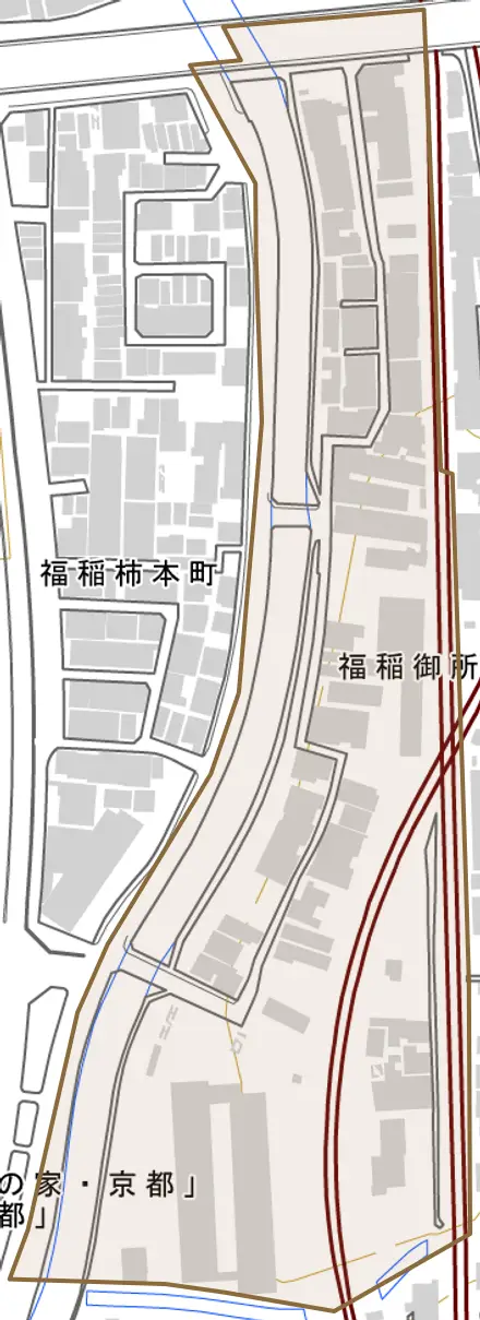 福稲御所ノ内町とその周辺の地図。町の範囲を重ねている