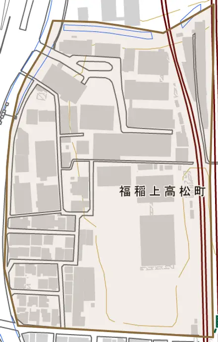 福稲上高松町とその周辺の地図。町の範囲を重ねている