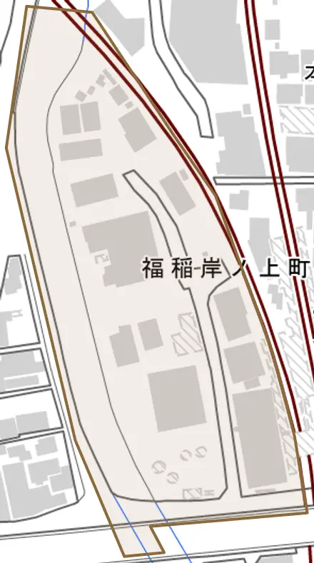 福稲岸ノ上町とその周辺の地図。町の範囲を重ねている