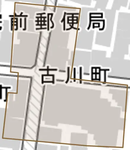 古川町とその周辺の地図。町の範囲を重ねている