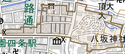 祇園町北側とその周辺の地図。町の範囲を重ねている