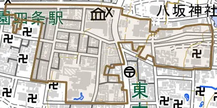 祇園町南側とその周辺の地図。町の範囲を重ねている