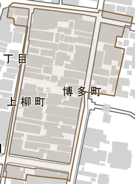 博多町とその周辺の地図。町の範囲を重ねている