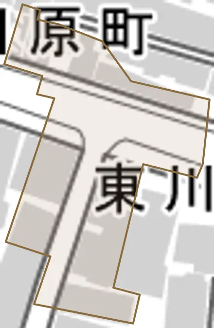 東川原町とその周辺の地図。町の範囲を重ねている