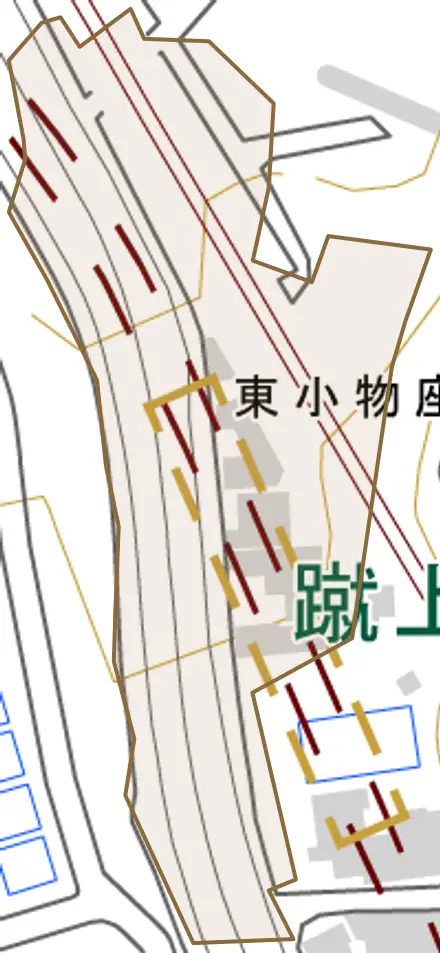 東小物座町とその周辺の地図。町の範囲を重ねている