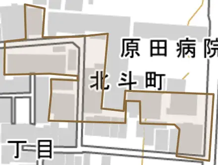 北斗町とその周辺の地図。町の範囲を重ねている