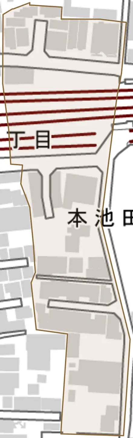 本池田町とその周辺の地図。町の範囲を重ねている