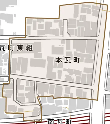 本瓦町とその周辺の地図。町の範囲を重ねている